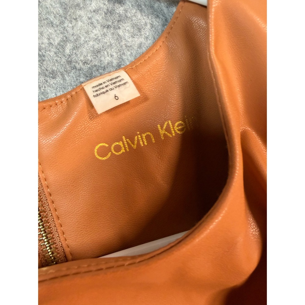 Calvin Klein Faux Leather Puff Sleeve Sheath Dress Cognac Orange Womens 6 - Picture 2 of 8